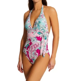 Carmen Marc Valvo Bellagio Paisley Scarf Tie One Piece Swimsuit C2J434