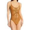 Vince Camuto Gold Shimmer Cinch Front V-Neck One Piece Swimsuit V02731